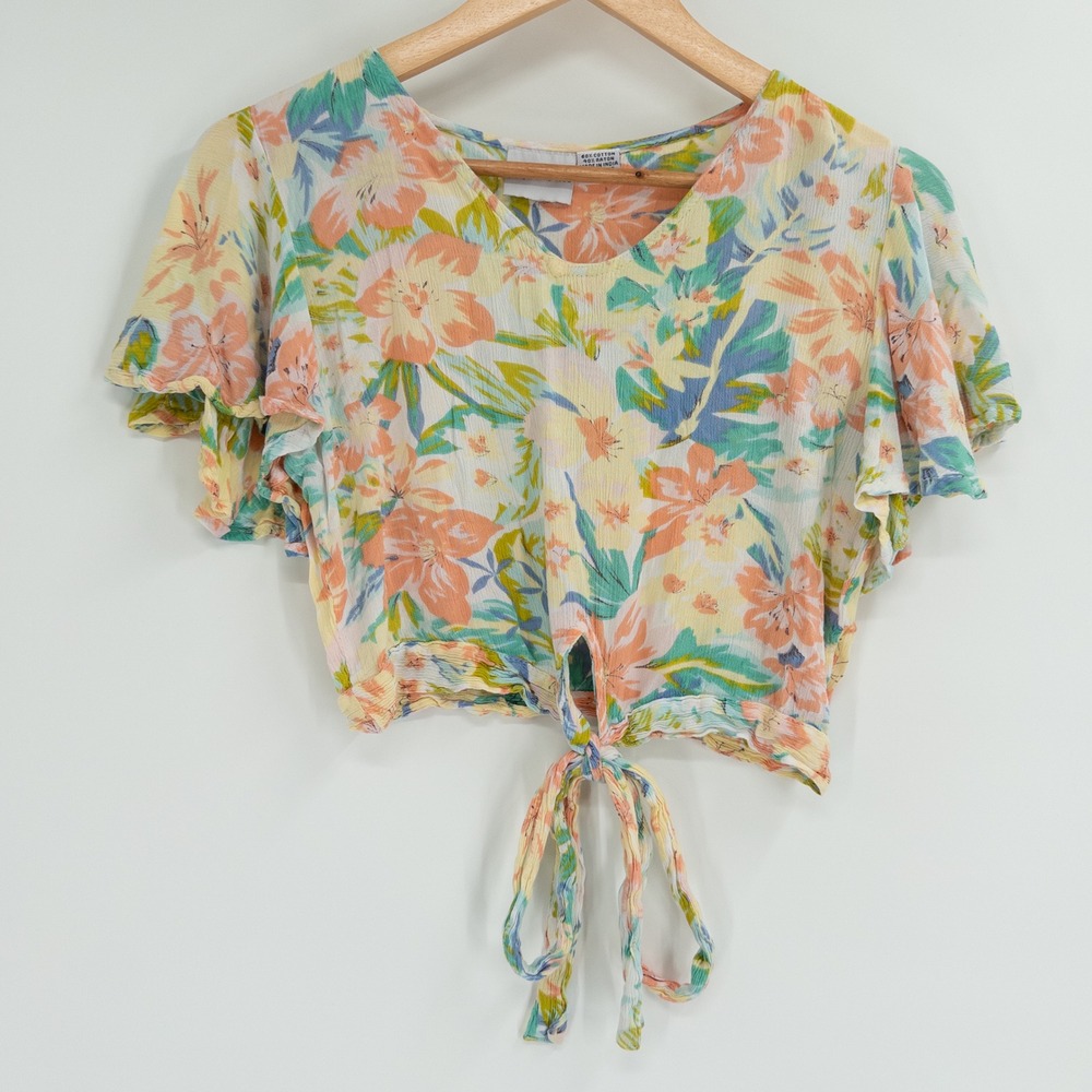 Vintage Raya Sun Crop Top Womens M Floral Tie Front 90s Y2K Hippie Boho Festival